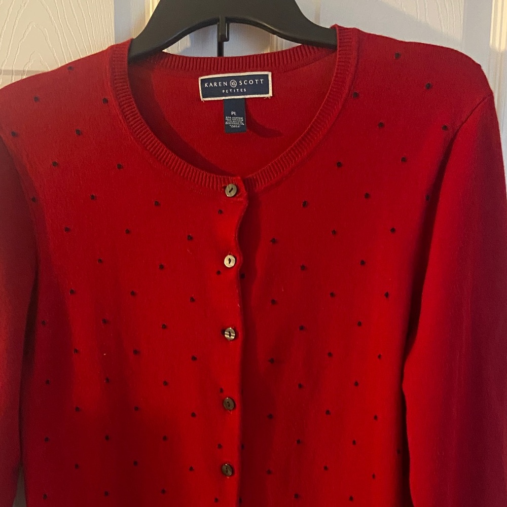 Karen Scott Women's Red Cardigan with Black Dots